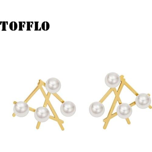 TOFFLO Stainless Steel Jewelry Irregular Geometric Pearl Earrings Womens Personality Earrings BSF525