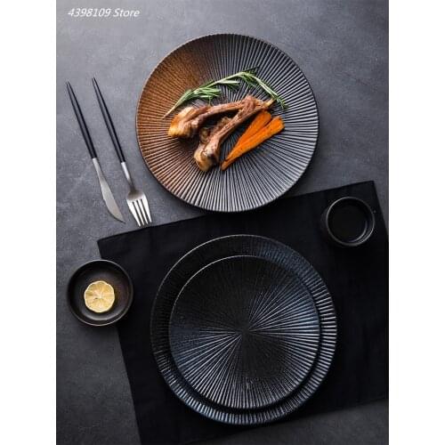 Japanese ceramic tableware Western steak dish retro striped disc rice bowl dessert salad bowl kitchen cutlery decorative plate