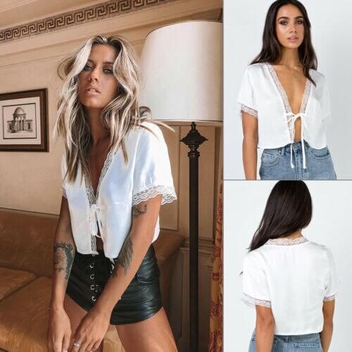 2019 The Newest Fashion Wear Take Suit More Occasion US Womens Fashion Lace Bandage Short Silk Satin Short Sleeve Blouses