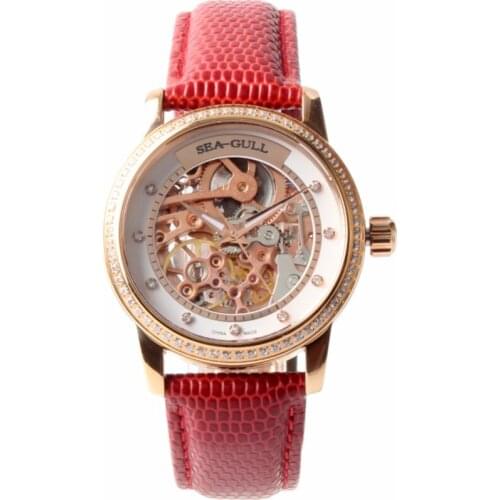 Genuine Seagull Skeleton Dial Rhinestones Gold Case Women Wristwatch Luminous Hands Lady Self Wind Automatic Watch 719.403LK