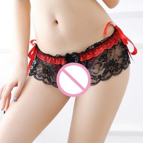 Women Transparent Sexy Lace Brief Flowers Bow Low Rise Patchwork Thong Sexy Crotchless Panties underwear thongs g string