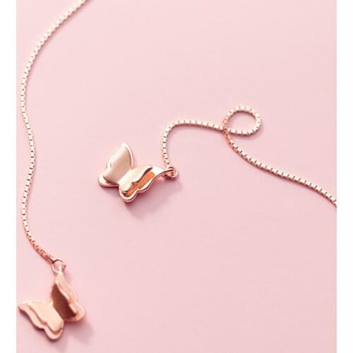 S925 Sterling SilverColor Sweet Cute Rose Gold Double Butterfly Simple Dangle Earrings for Women Lady Daughter Jewelry