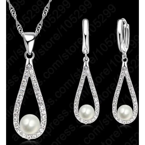 Pure 925 Sterling Silver Shiny CZ Crystal Water Drop Pearl Necklaces For Woman Fine Jewelry Wedding Earring Set Gift