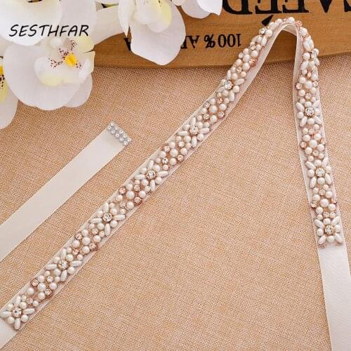 SESTHFAR Pearls Wedding Belt Handmade Crystal Bridal Sash Simple Rose Gold Rhinestones Bridal Belt Sash For Wedding Dresses