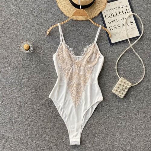 Ins Fashion Womens Bodysuit 2021 New Summer Fashion Floral Lace Spliced V-neck Spaghetti Strap Slim Overalls One-piece Body Top