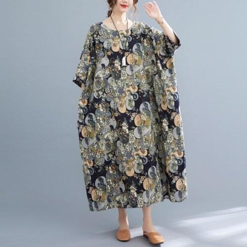 Oversized Dress 2021 New Arrival Batwing Sleeve Loose Summer Dress Cotton Linen Print Floral Holiday Travel Casual Women Dress