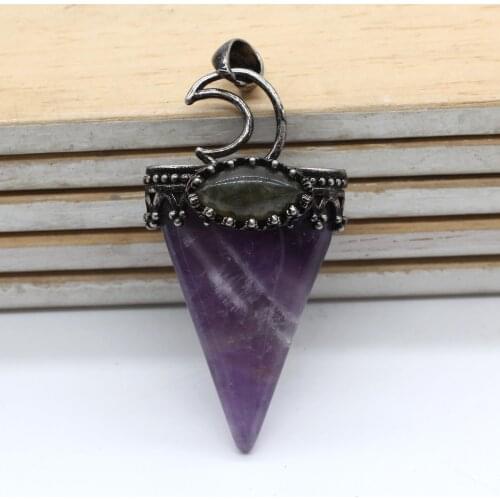 100-Unique Antique Silver Plated Half Moon With Geometric Shape Natural Amethysts Stone Pendant Charm Jewelry