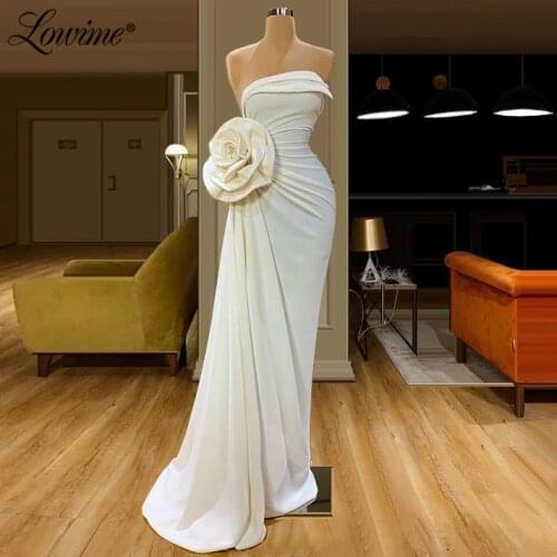 Handmade Flower White Evening Dresses Strapless Party Gowns 2020 Pageant Dress Saudi Arabic Dubai Prom Dress Vestido De Festa