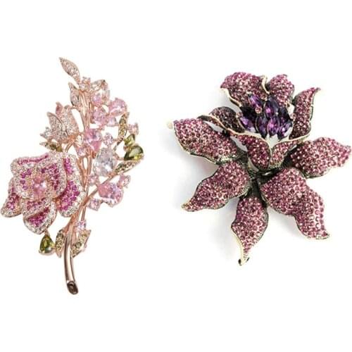 Purple Rhinestones Crystal Orchid Brooch Pin Fashion Woman Flower & Pink Cubic Zirconia Rose Flower Suit Brooch