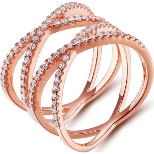 EAMTI 925 Sterling Silver Ring Women Rose Gold Inlay Cubic Zirconia Double X Shape Cross Rings For Female Cocktail Party Ring