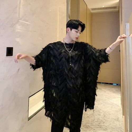 Mens Chic Design Half Sleeve Loose T-Shirt Casual Batwing Sleeve Pullover Feather Decoration Black White Free Size Free Shipping