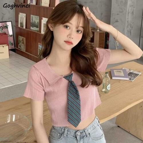 Turn-down Collar Tie T-shirts Women Slim Short Sleeve Solid Crop Tops Girls Preppy Style Leisure Tees Sweet Students Ulzzang JK