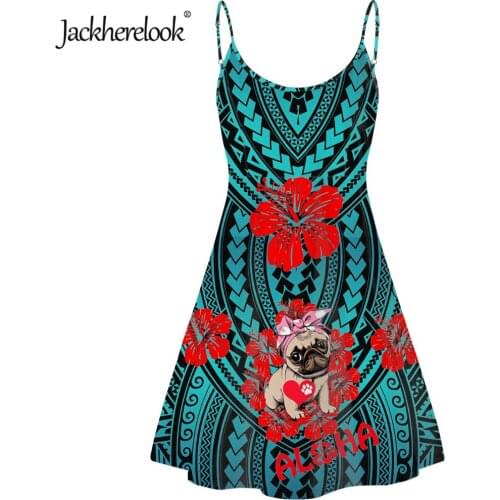 Jackherelook New Elegant Women Spaghetti Strap Dress Polynesian Tribal Hibiscus Cute Pug Design Ladies Sleeveless Party Dresses