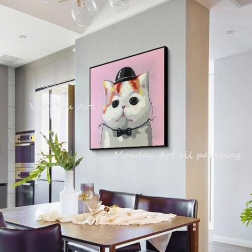 Hand Painted Canvas Oil Painting Colorful cat pictures Modern Abstract Animal Wall Art picture for living room Kids Room Decor