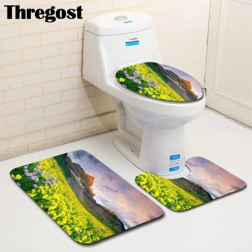 Beautiful Floral Printed Toilet Mat 3pcs Set Shower Floor WC Rug Microfiber Mats Washing Machine Non Slip Bbathroom Rugs