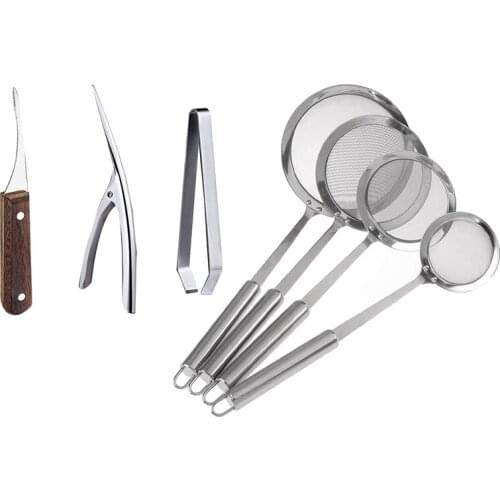 4 Pcs Stainless Steel Kitchen Colander,With Long Handle & 3Pcs Shrimp Deveiner Tool Set,Shrimp Peelers