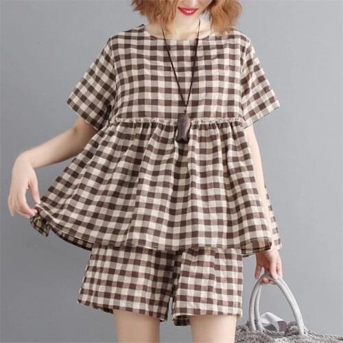 Summer Casual Plaid Tracksuit Femme Pieces Womens 2Piece Set Top + shorts Female Plus size Two Piece Outfits Tracksuits