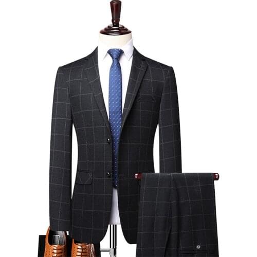 Men Suits 2 Pieces Suit Spring Autumn Plaid Slim Fit Business Formal Casual Check Suits Office Work Party Prom Wedding Groom
