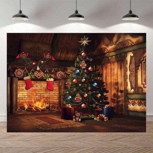NeoBack Indoor Xmas Tree Gifts Vintage Fireplace Fireflame Red Stockings Shabby House Background Xmas Party Banner Child Kids