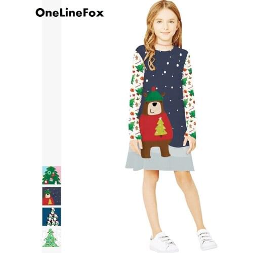 OneLineFox 2020 New Christmas Tree Cartoon Casual Big Girl Long Sleeve Princess Dress Teen Girls Dress Kids Clothes Costume