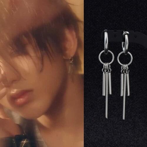 New Korea Women Men KPOP Stainless Steel Stud Earring Long Round Bar Pendant Ear Clip for Urban Rapper Punk Grunge Party Gifts