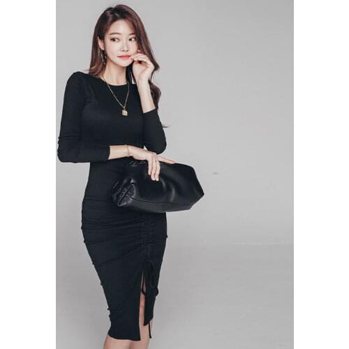 New Black Autumn Dress Women Elegant Korean V-neck Slim Pencil Dresses Fashion Long Sleeve Bodycon Office Vestidos Female