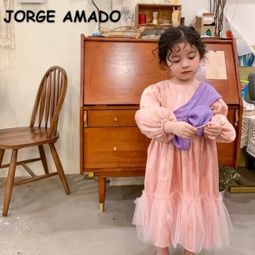 2021 New Spring Kids Girls Dress Lantern Sleeves Dresses with Bow Sashes for Party Piano Perform Princess Dresses E1032