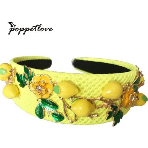 Baroque fashion runway cute yellow lemon flower green leaves headband for women luxury vintage Wideside hair accessories jewelry