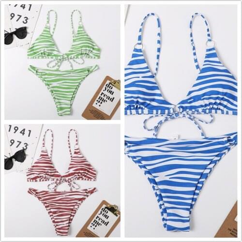 Sexy Triangle Push Up Bikinis Women Zebra Stripe Brazilian Bikini String Bandage Bathing Suit Swimwear Beach wear Female Biquini
