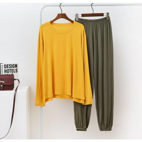 Spring and Autumn Comfortable Long-sleeved Trousers Hit Color Modal Pajamas Suit Female Round Neck Casual Plus Size Home Service