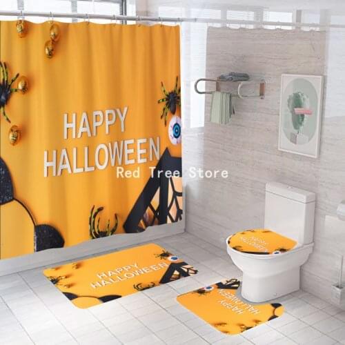 Happy Halloween Waterproof Polyester Shower Curtain With Hooks Partition Bathroom Decoration Toilet Non-slip Floor Mat Doormat