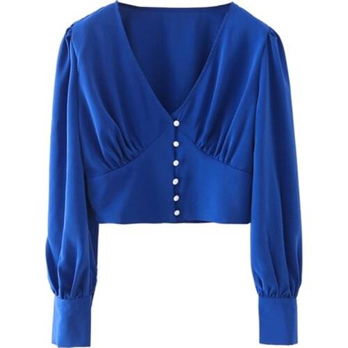YENKYE Vintage Blue Faux Pearl Button Crop Blouse Women Sexy V Neck Puff Sleeve Summer Tops Streetwear Ropa Mujer Blusas