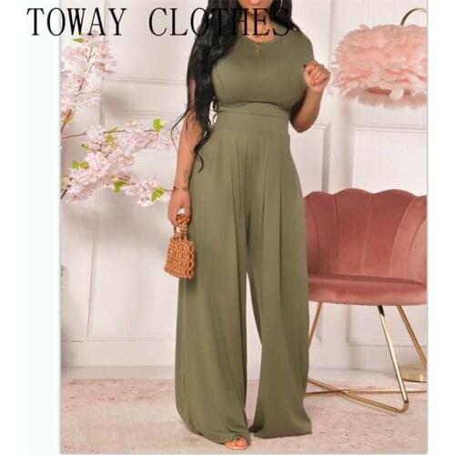 Women O-neck Plain Short Sleeve Crop Top & Wide Leg Pants Set Chic Summer Two Piece