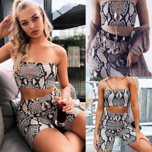 2021 Sexy Snake Skin Print Two Piece Set Womens Summer Casual Shinny Tube Top Shorts Bodycon 2Pcs Set Outfits Short Sports Sets