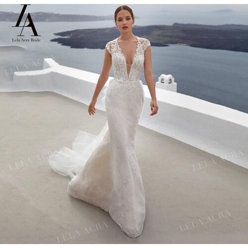 LelaAcra Sleeveless Wedding Dress 2022 V-neck Beading Mermaid 2 In 1 Detachable train Princess Bride Gowns NE10 Vestido de Noiva