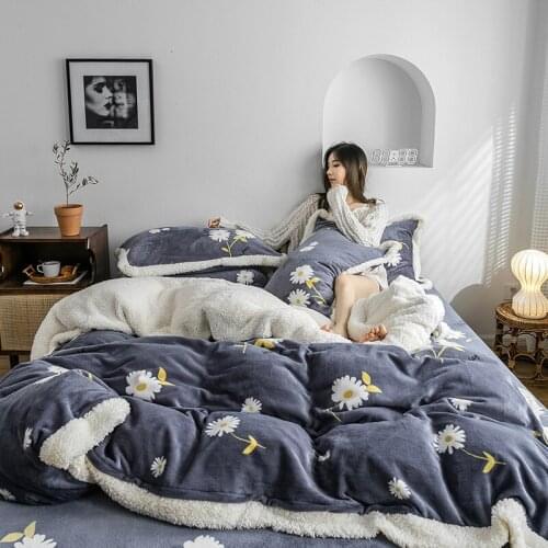 Winter flannel fleece bedding set 4pcs flat sheet duvet cover set cashmere Daisy bed linens AB side bedclothes pastoral bed set