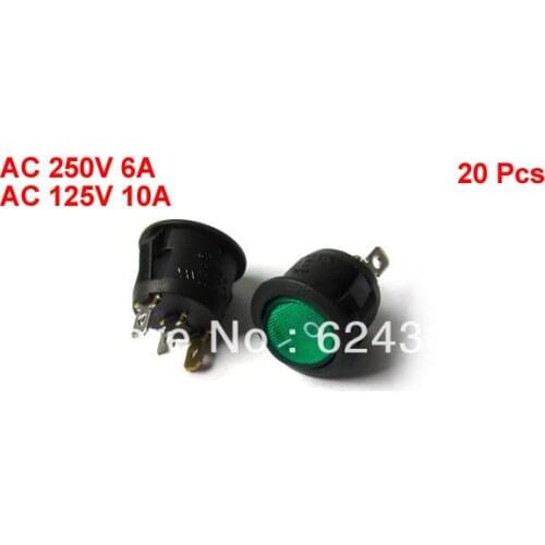 20 Pcs x AC 250V/6A 125V/10A 3 Pin SPST ON/OFF Green Light Snap In Round Boat Rocker Switch