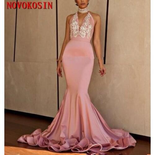 2019 Backless Halter Court Train Deep V Neck Appliques Beads Formal Evening Party Gowns Mermaid Prom Dresses vestidos de fiesta