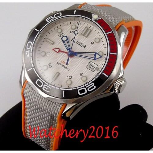 41mm Bliger White Dial Luminous see-through back Ceramic Bezel Sapphire Glass GMT Date Automatic Mens Watch