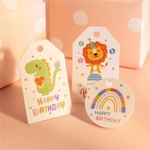 50Sets Happy Birthday Gift Tags Lovely Lion Dino Bird Giraffe Cartoon Hang Tags Baby Shower Party Gift Box Wrapping Label Card