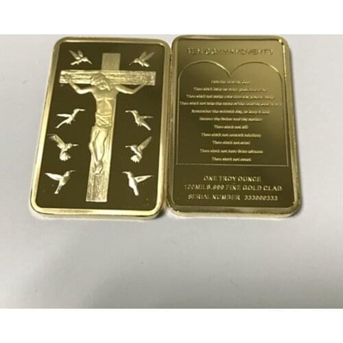 50 pcs Non magnetic Jesus handed on corss Ten Commandents coin 1 OZ gold plated ingot badge 50 mm x 28 mm home decoration bars
