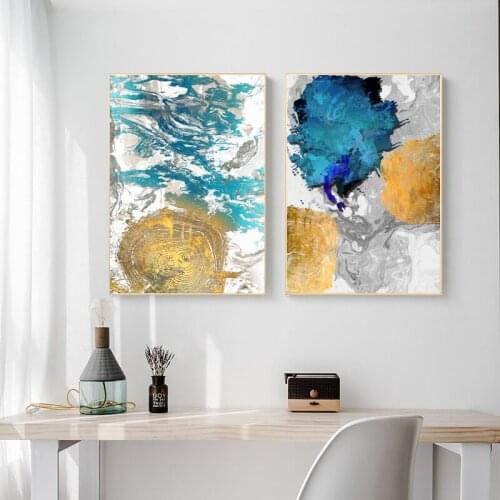 Abstract Blue Gold Foil Canvas Paintings Nordic Wall Art Prints Poster Living Room Decorative Paintings On The Wall Home Decor