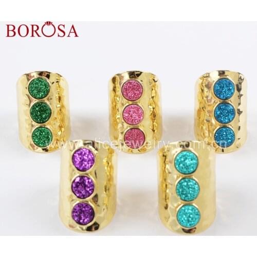 BOROSA 5PCS Wholesale Gold Bezel Three Round Druzy Titanium Candy Color Band Rings Mixed Drusy Rings Fashion Jewelry ZG0366