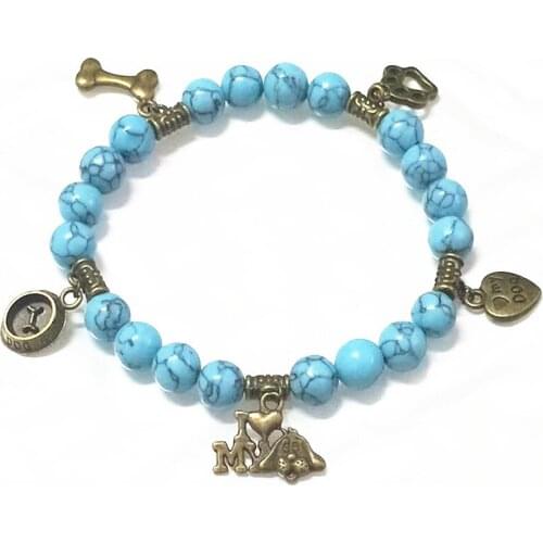 Top Natural Stone Beads Rope Strand Bracelet For Women Lovely Bronze Color Pendants Dog Tag Bone Paws Bracelets Men Jewelry Gift