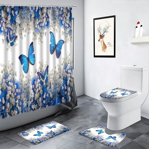 Flowers Blue Butterfly Shower Curtain Tulip Rose Floral Scenery Pattern Carpet Non-slip Mat Toilet Bath Mats Bathroom Decor Sets