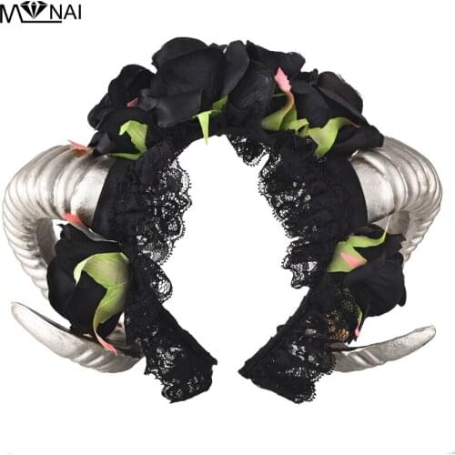 Handmade Horn Headband Halloween Animal Fairy Cosplay Prop Vintage Black Rose Lace Veil Hair Accessories