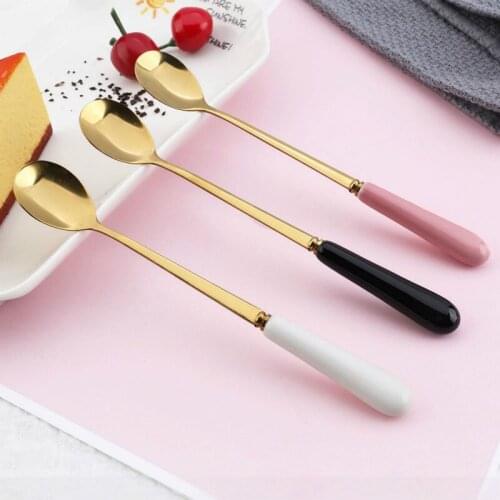 Creative Fresh Coffee Stirring Small Spoon Ceramic Handle Coffee Spoon Long Handle Round Dessert Spoon