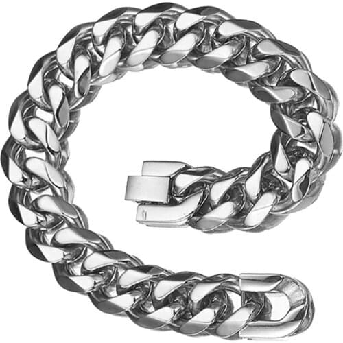 15mm Wide Cool Metal Stainless Steel Silver Color Handmade Curb Cuban Chain Mens Womens Bracelet Wristband 7-11inch Hot Jewelry