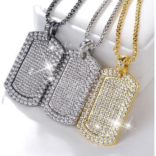 Mens Pendant Filled Iced Out Rhinestone Gold Color Charm Square Dog Tag Necklace With Cuban Chain Hip Hop Jewelry