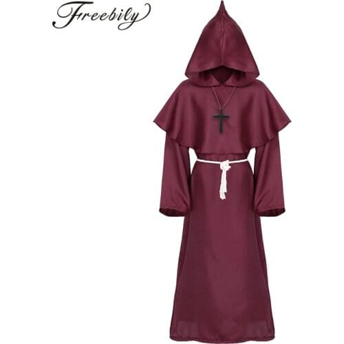 Men Women Medieval Vintage Halloween Witch Robes Friar Priest Party Cosplay Costumes Monk Christian Hooded Cloak Cape Dress Gown